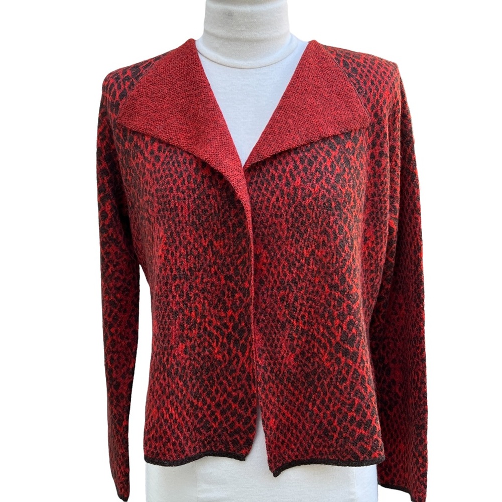 KUNA Baby Alpaca Open Front Cardigan Women’s Small Red Leopard Print Design